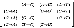 \begin{displaymath}
\left[ \begin{array}
{cccc} \scriptstyle 
 &\scriptstyle (A ...
 ...w C) &\scriptstyle (T \rightarrow G) & \  \end{array} \right] \end{displaymath}