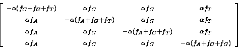 \begin{displaymath}
\left[ \begin{array}
{cccc}
 \scriptstyle -\alpha(f_C + f_G ...
 ... &
 \scriptstyle -\alpha(f_A + f_C + f_G)
 \end{array} \right] \end{displaymath}